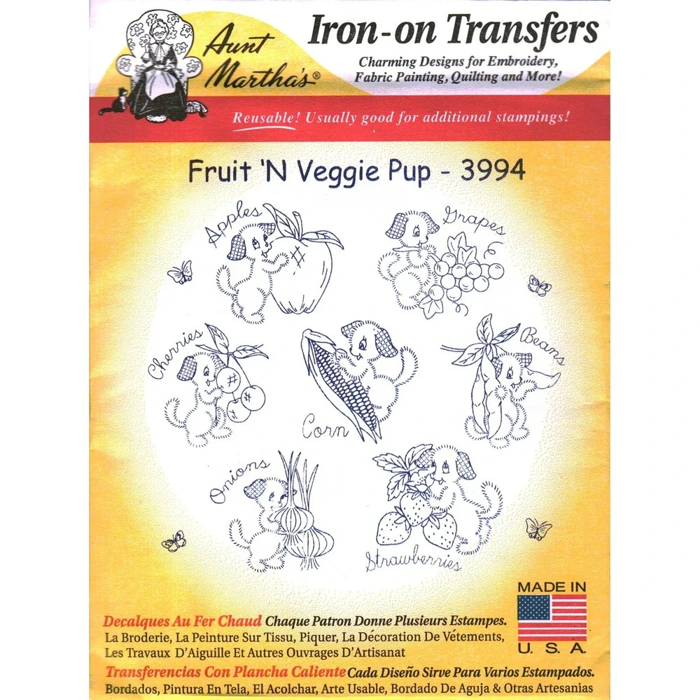 Aunt Martha's Iron-On‎ Embroidery Transfers Fruit 'N Veggie Pup 3994 Puppy Dog